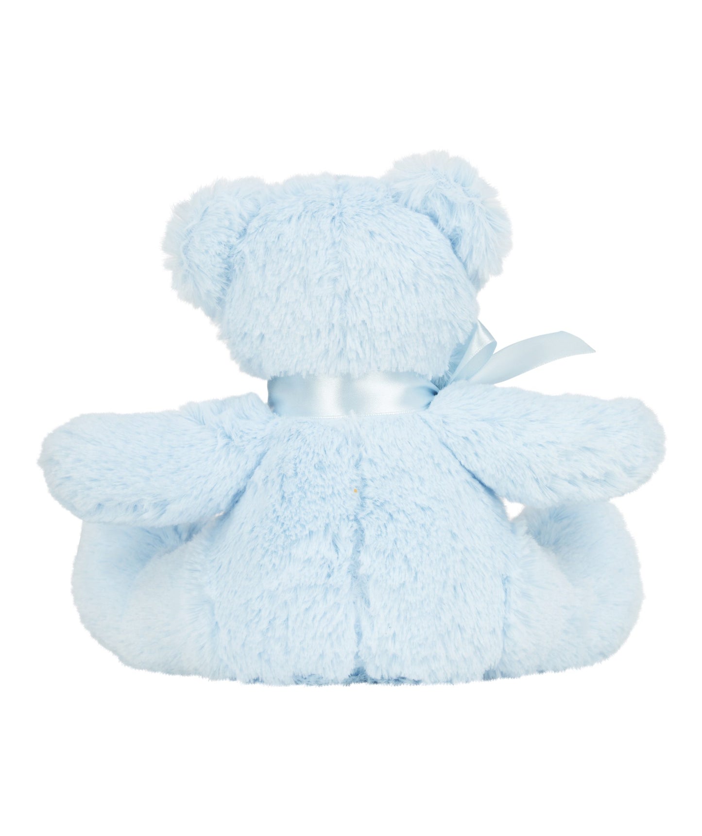 Light blue teddy bear with a bow on a white background