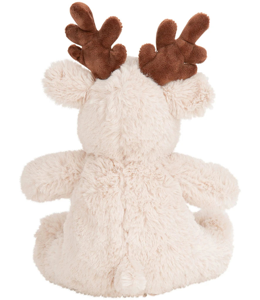 Plush reindeer toy with brown antlers on a white background