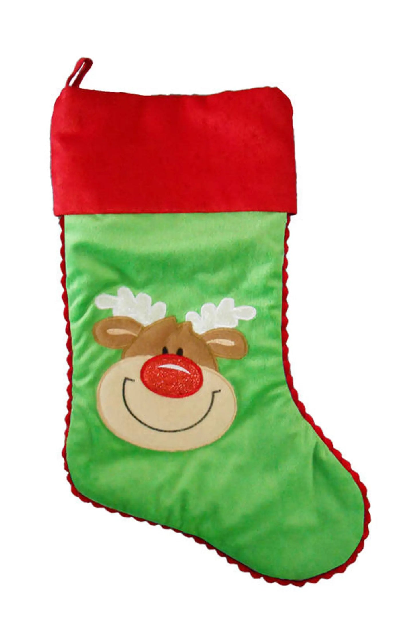 Green Christmas stocking with a reindeer face on a white background