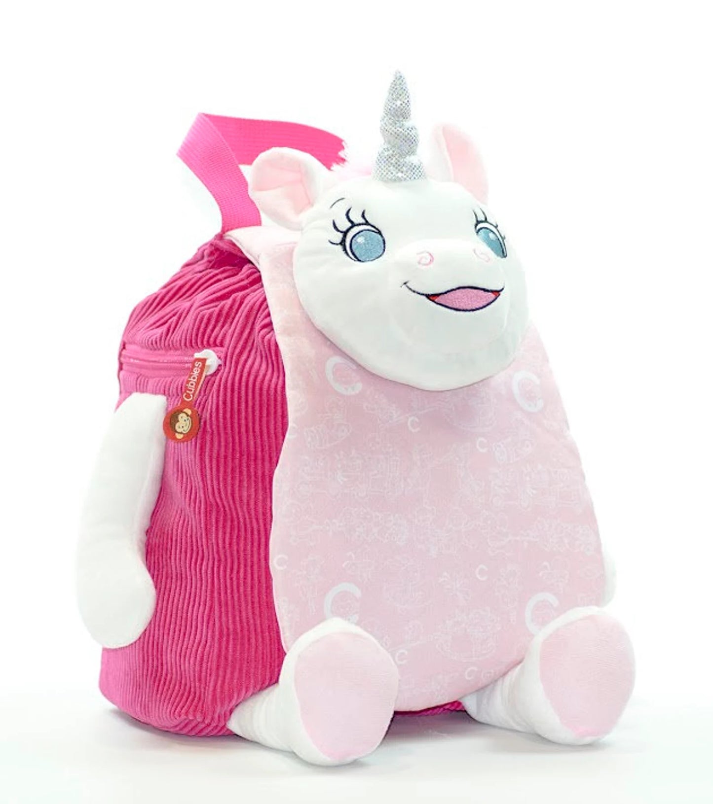 Plush bag with unicorn design and pink backpack on a white background