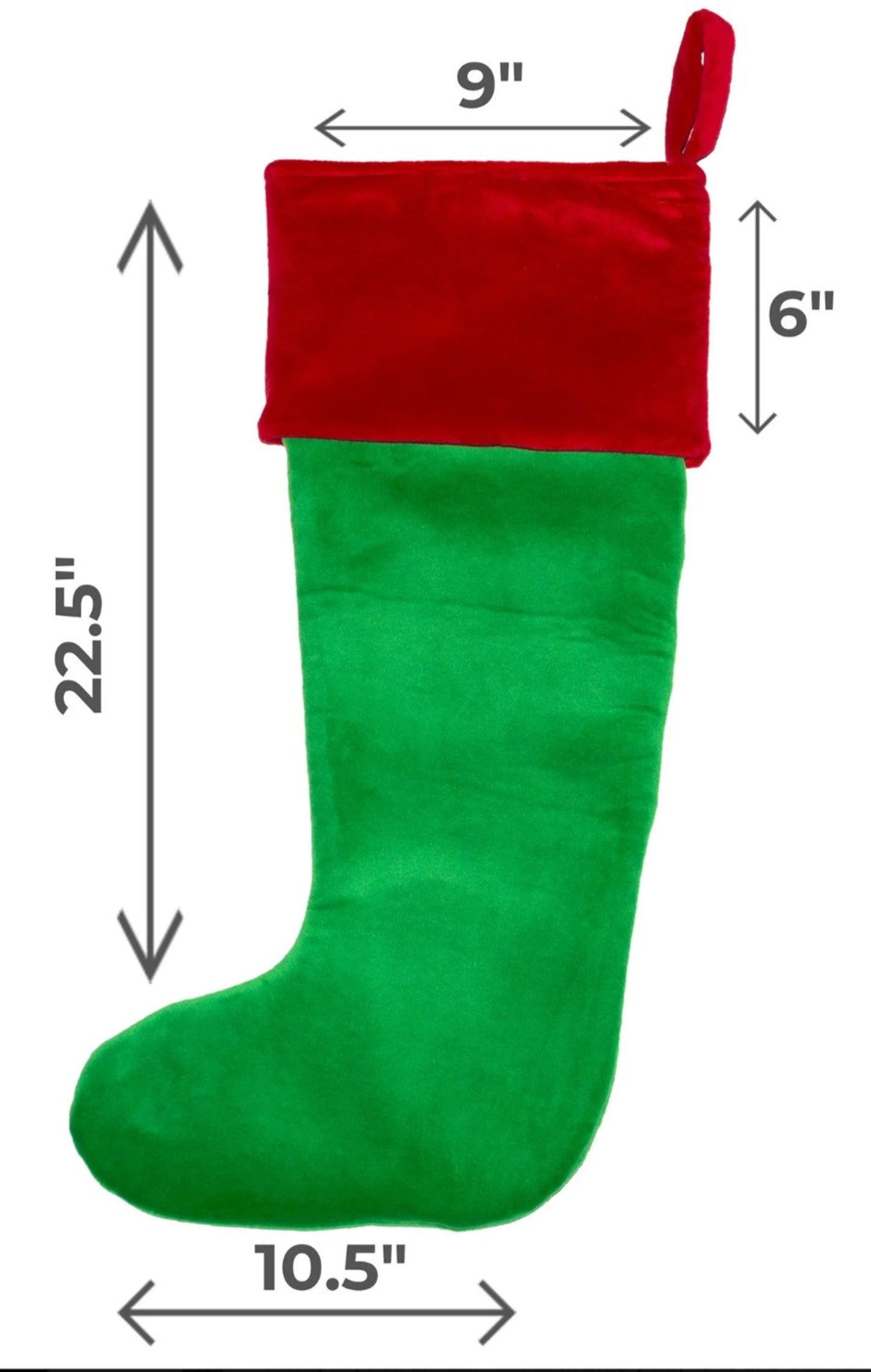 Green Christmas stocking with red top and measurements on a white background