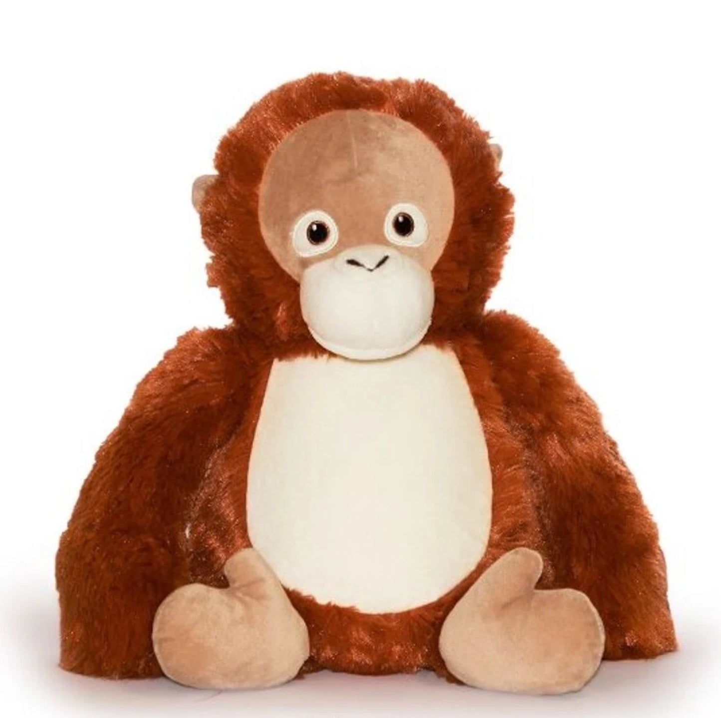 Plush monkey toy with brown fur and white belly on a white background