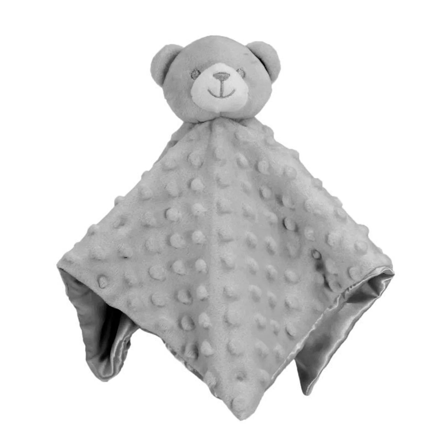 Gray teddy bear-shaped comfort blanket on a white background