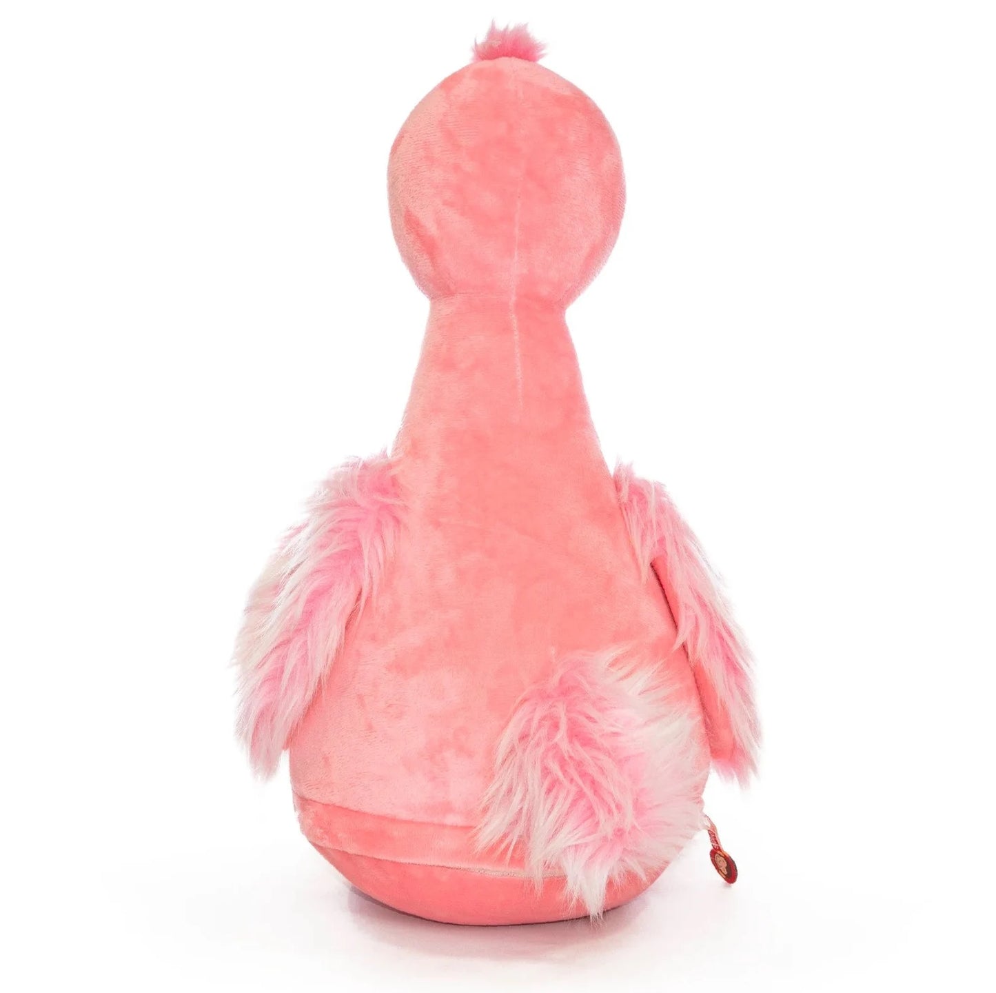 Pink plush toy resembling a flamingo on a white background