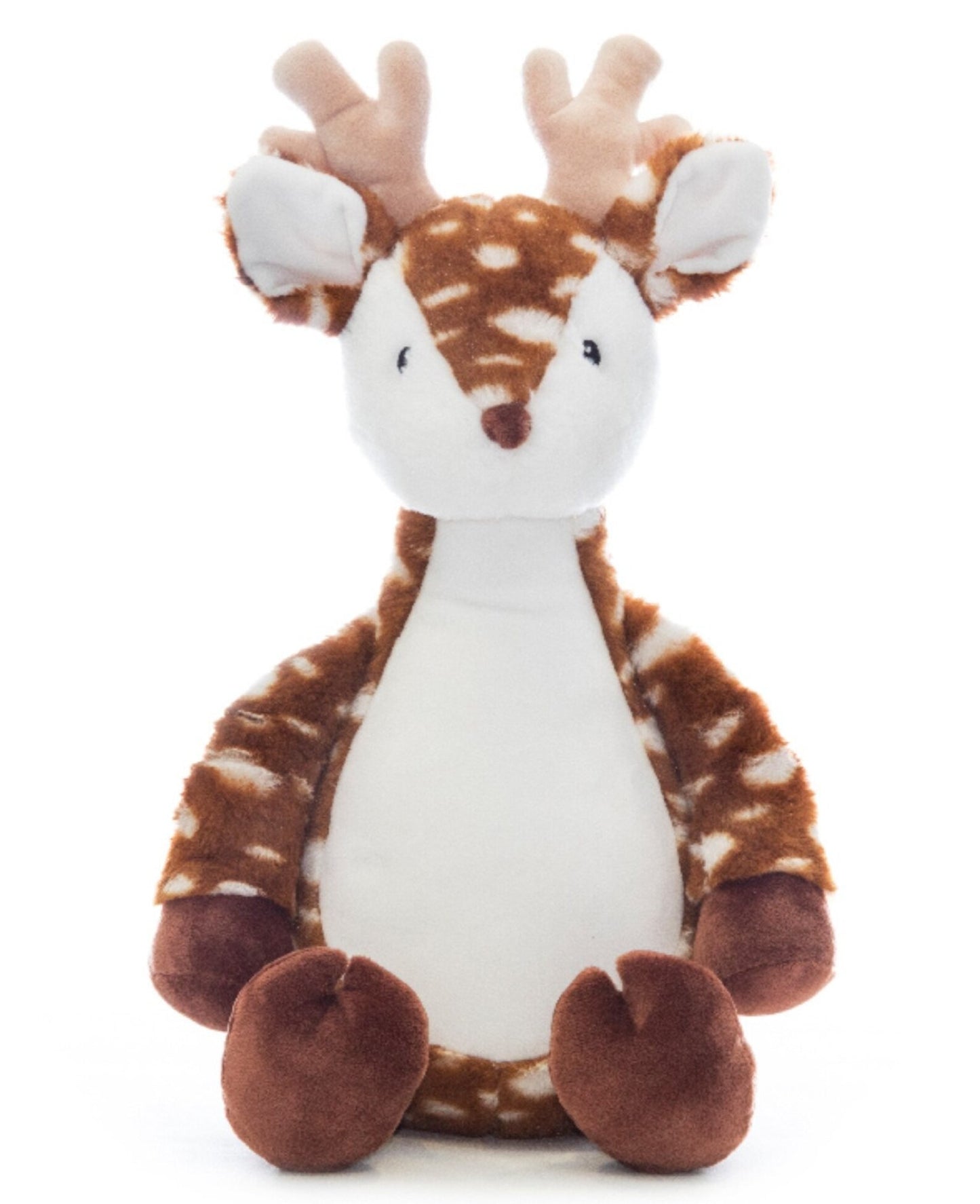 Plush deer toy with brown and white pattern on a white background