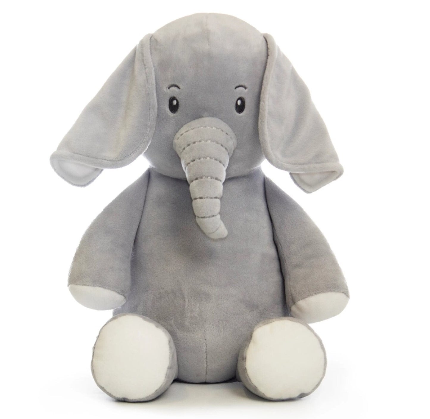 Gray plush elephant toy on a white background