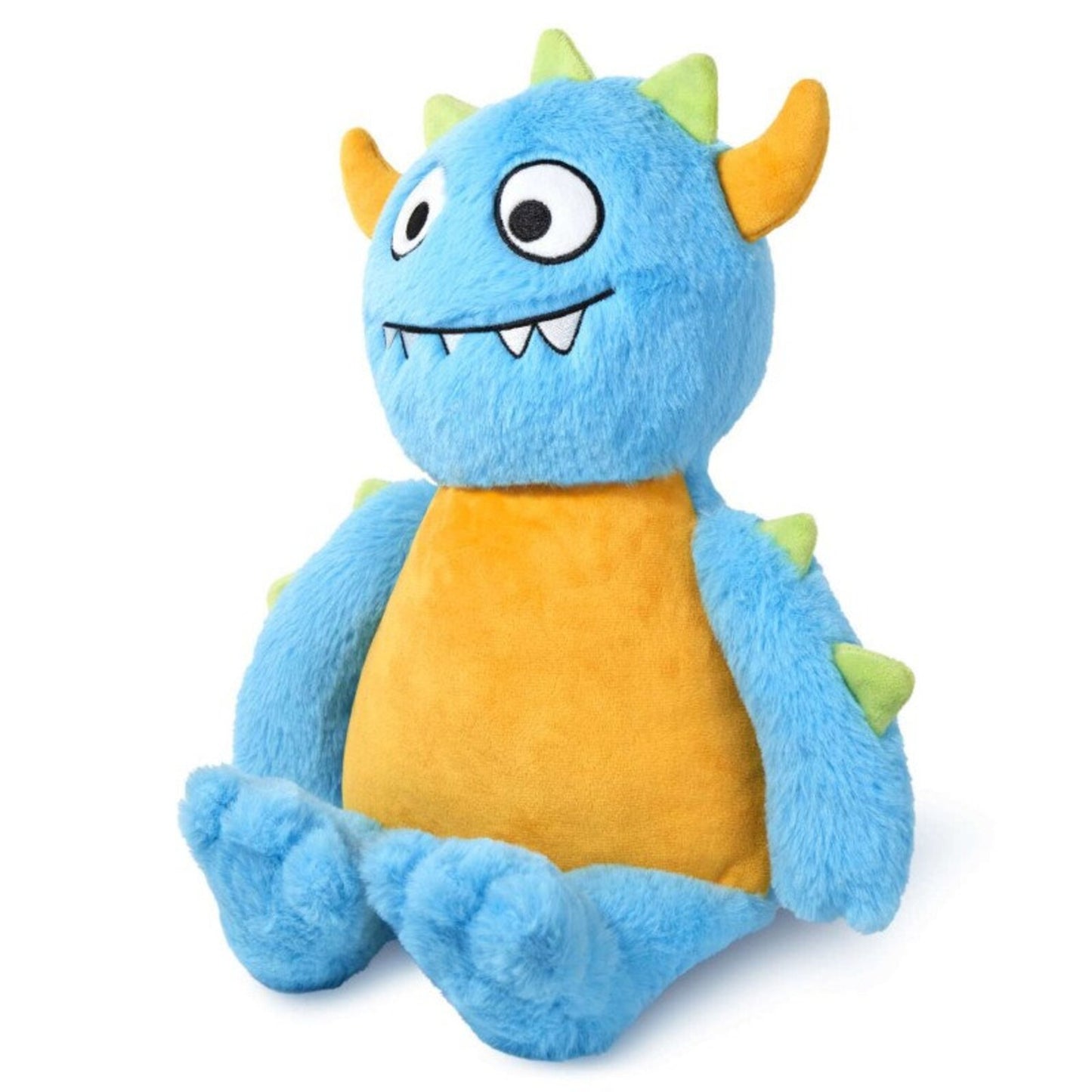 Blue and yellow plush toy with a monster design on a white background