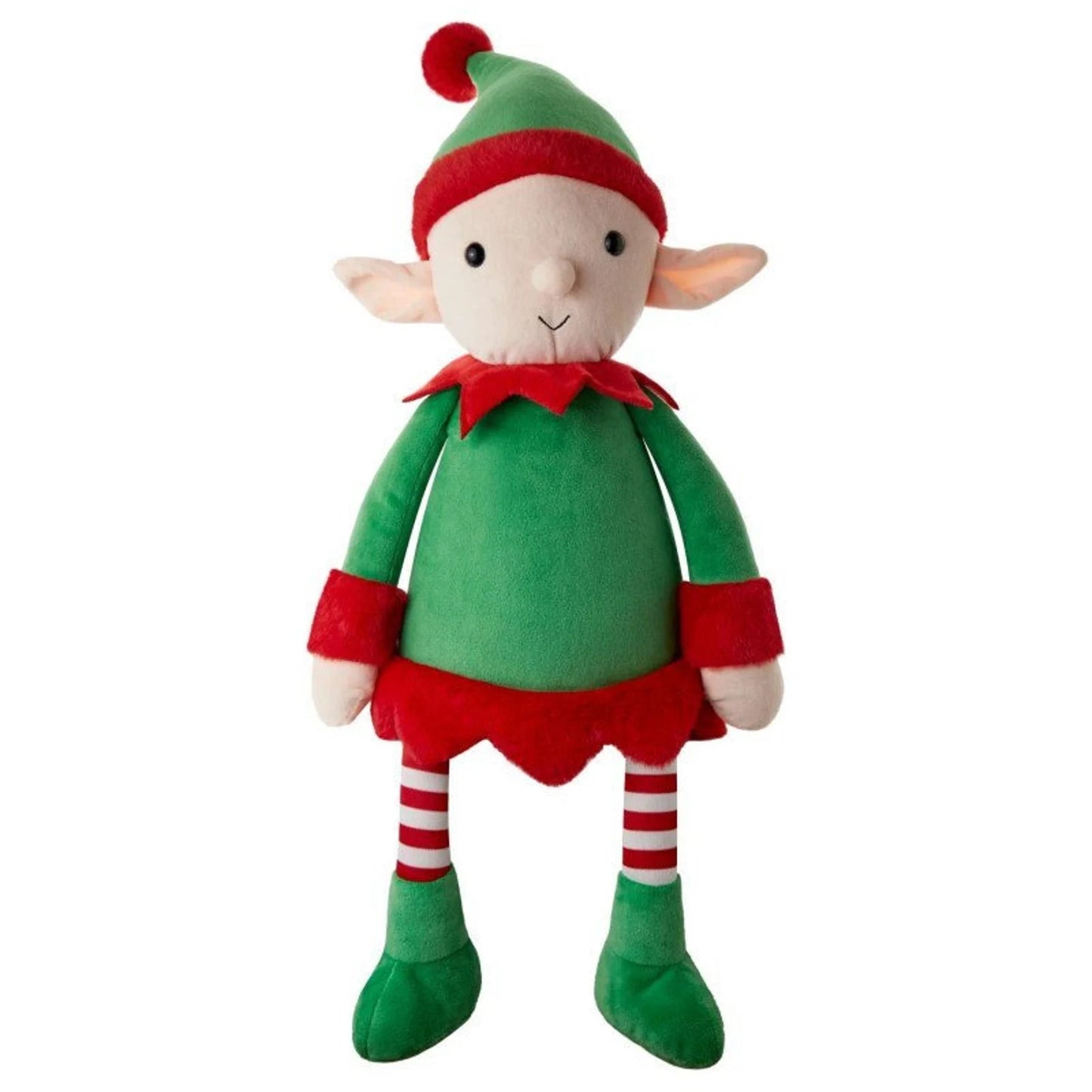 Plush toy elf in green and red outfit on a white background