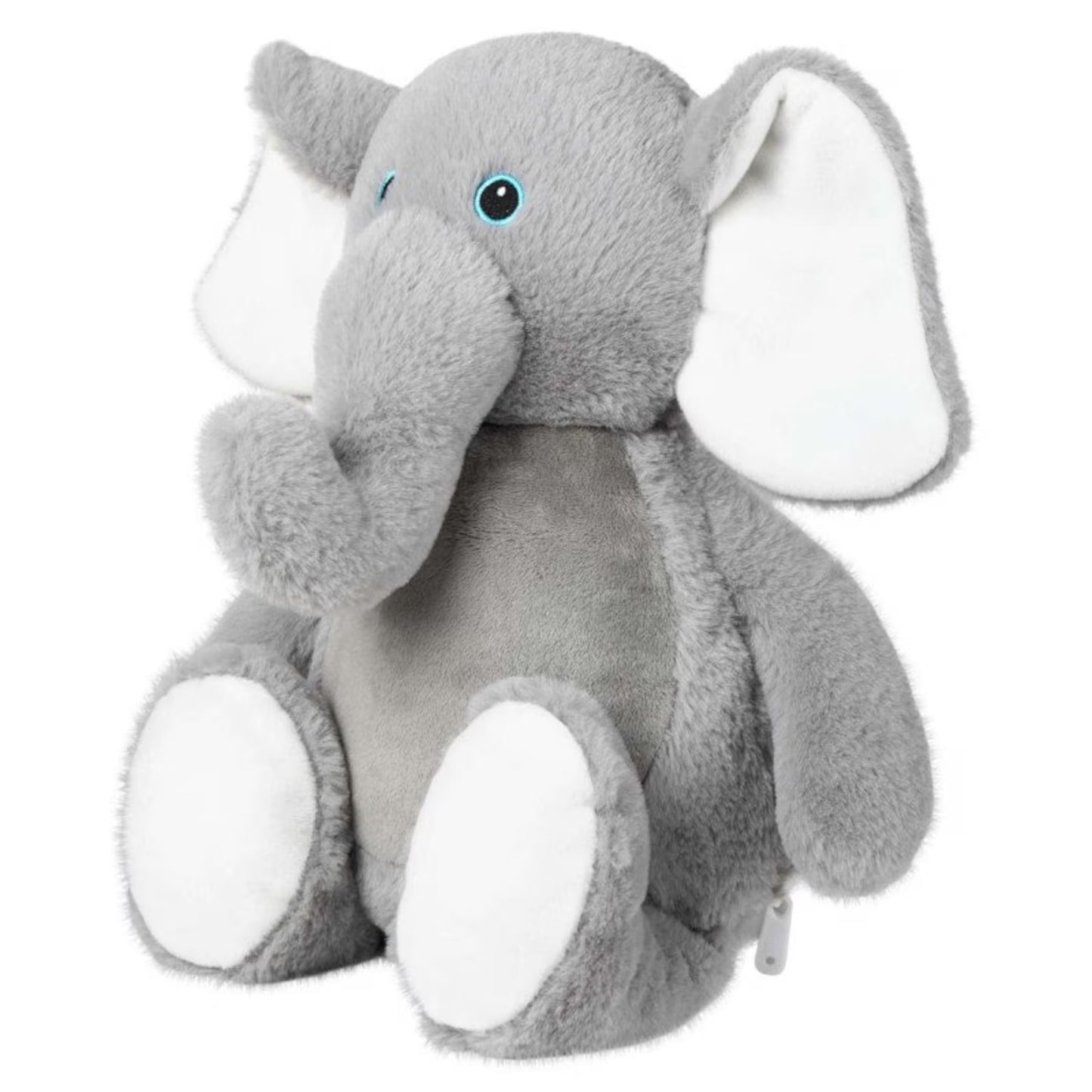 Gray plush elephant toy with white feet on a white background