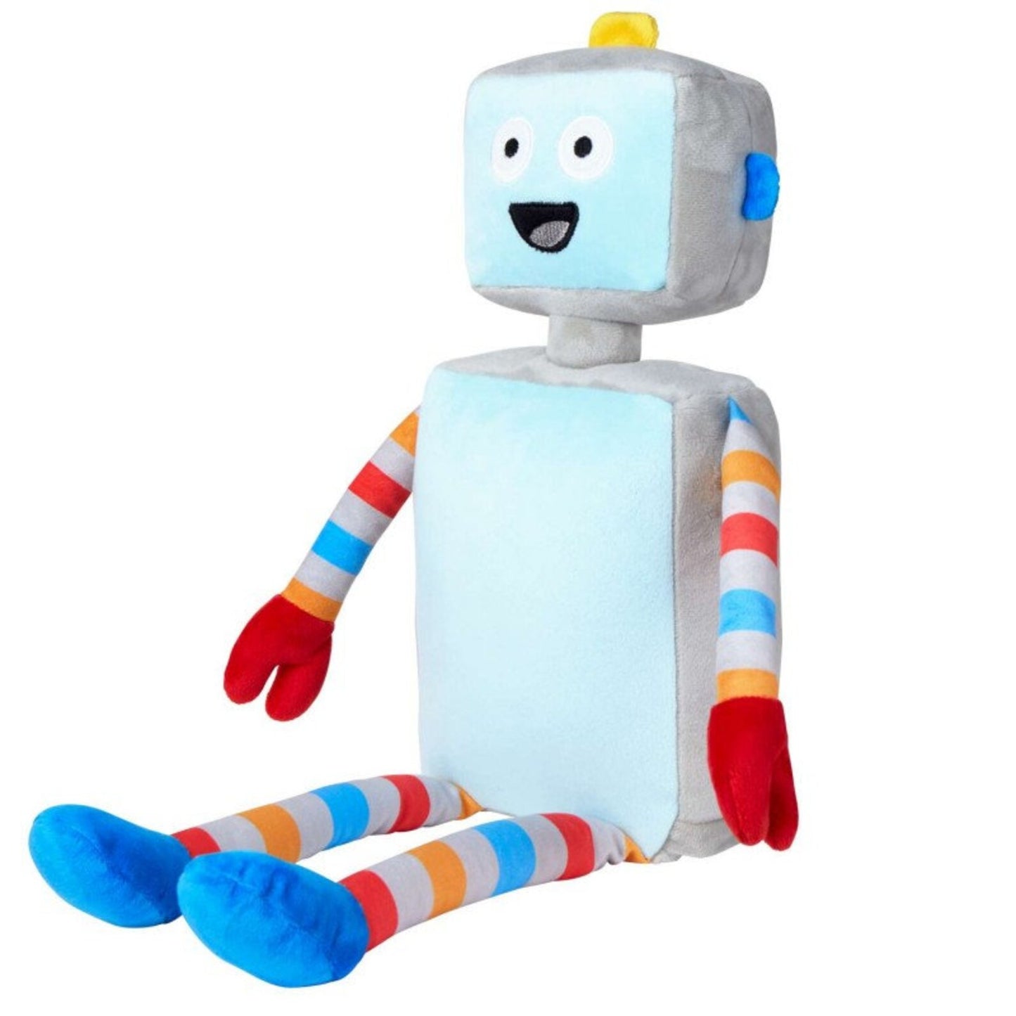 Plush robot toy with a white face and colorful striped arms and legs on a white background