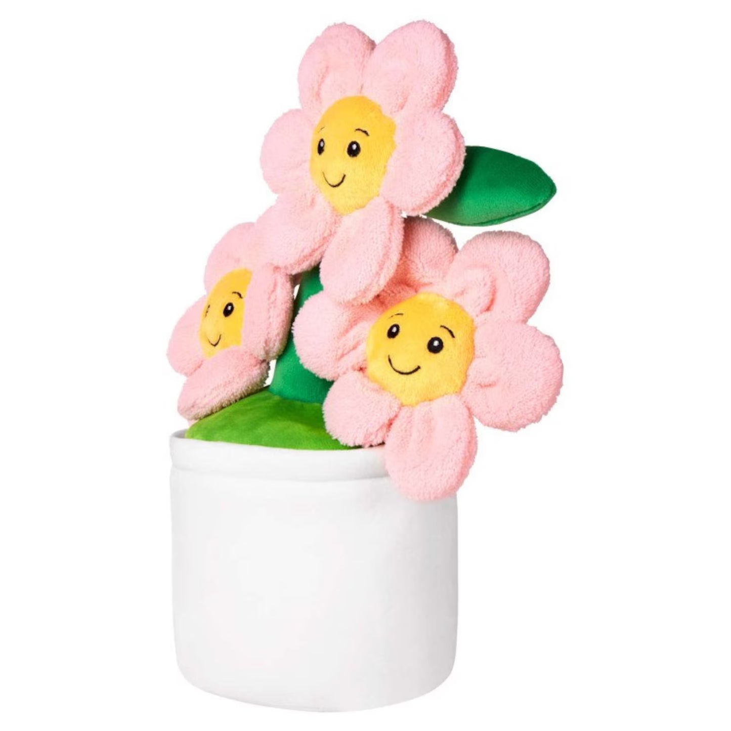 Plush flowers with smiling faces in a white pot on a white background