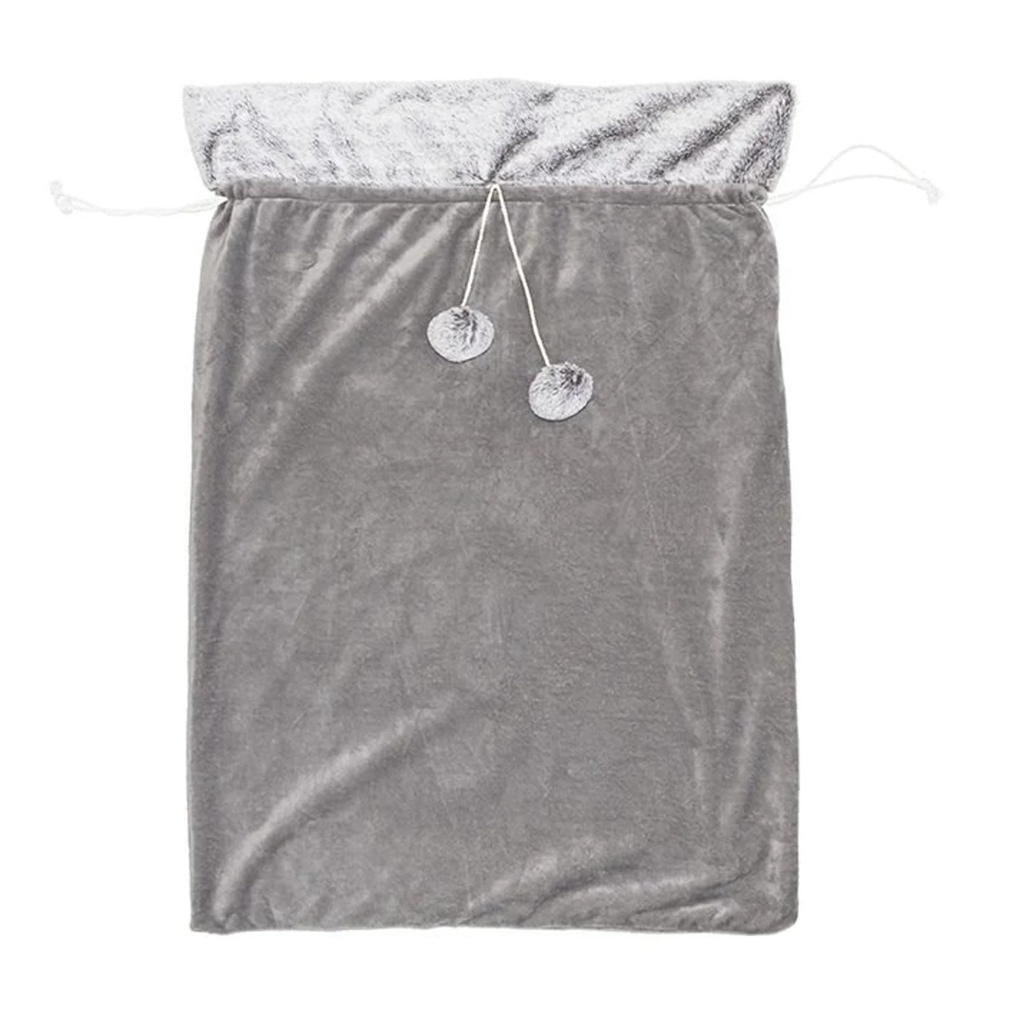 Grey drawstring bag with silver buttons on a white background