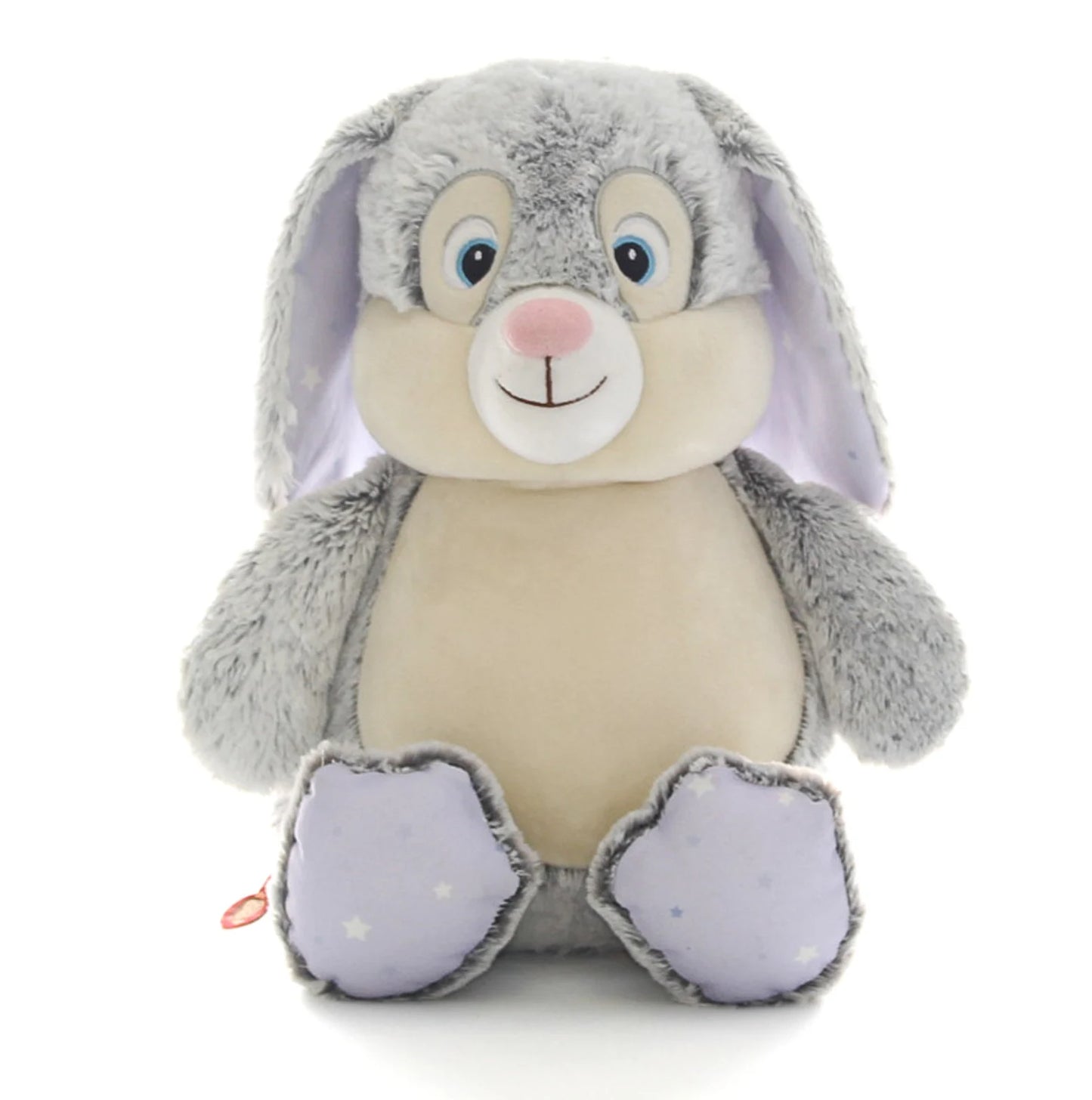Plush toy rabbit with gray fur, beige body, and lilac accents on a white background