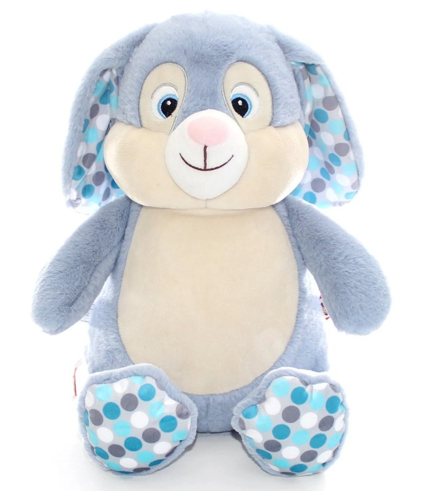 Plush toy rabbit with blue and gray polka dot pattern on a white background