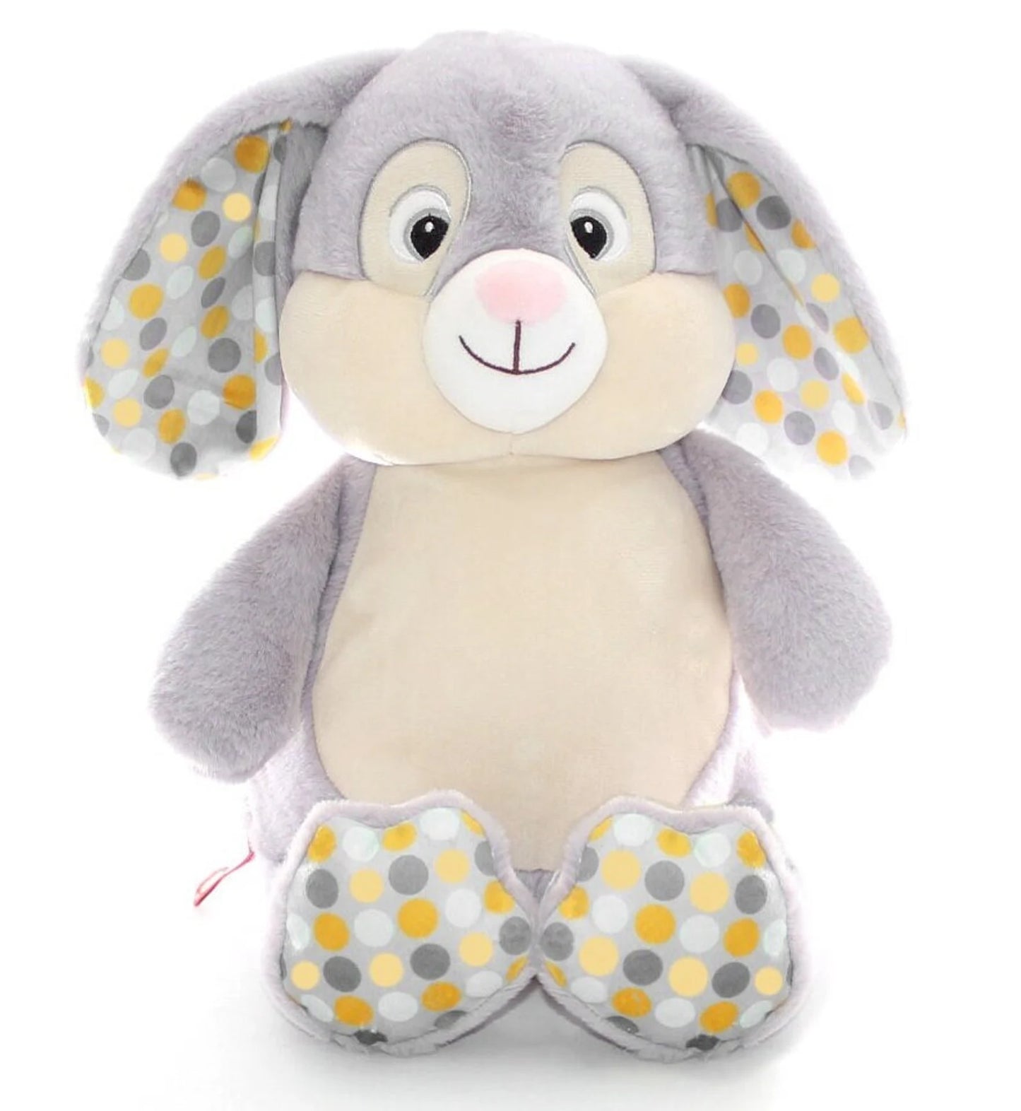 Plush toy rabbit with gray and yellow polka dot ears and feet on a white background
