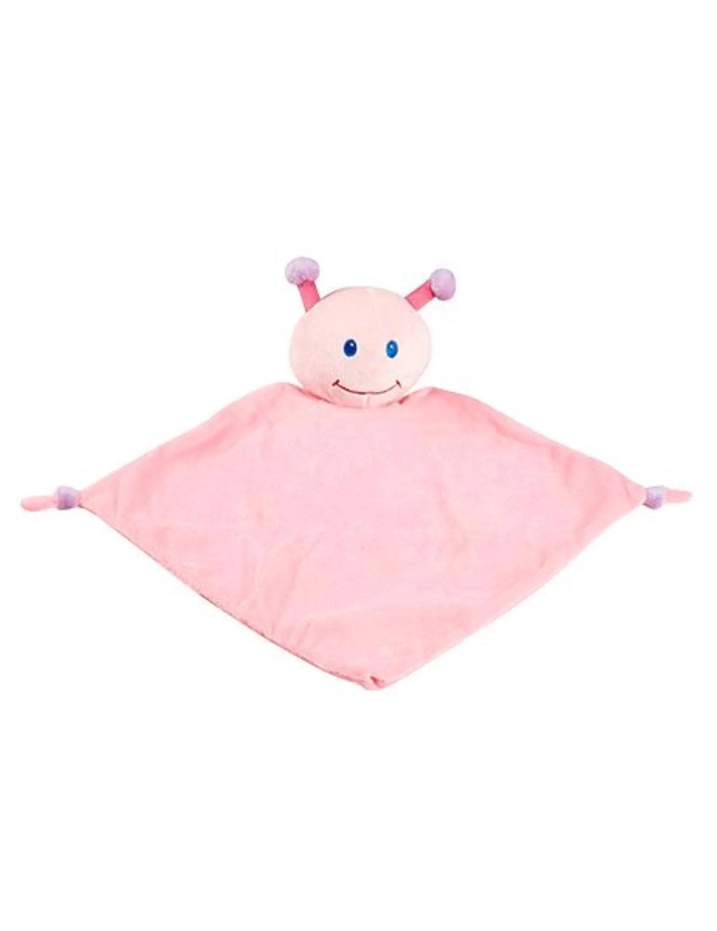 Pink plush toy with a smiling face on a white background