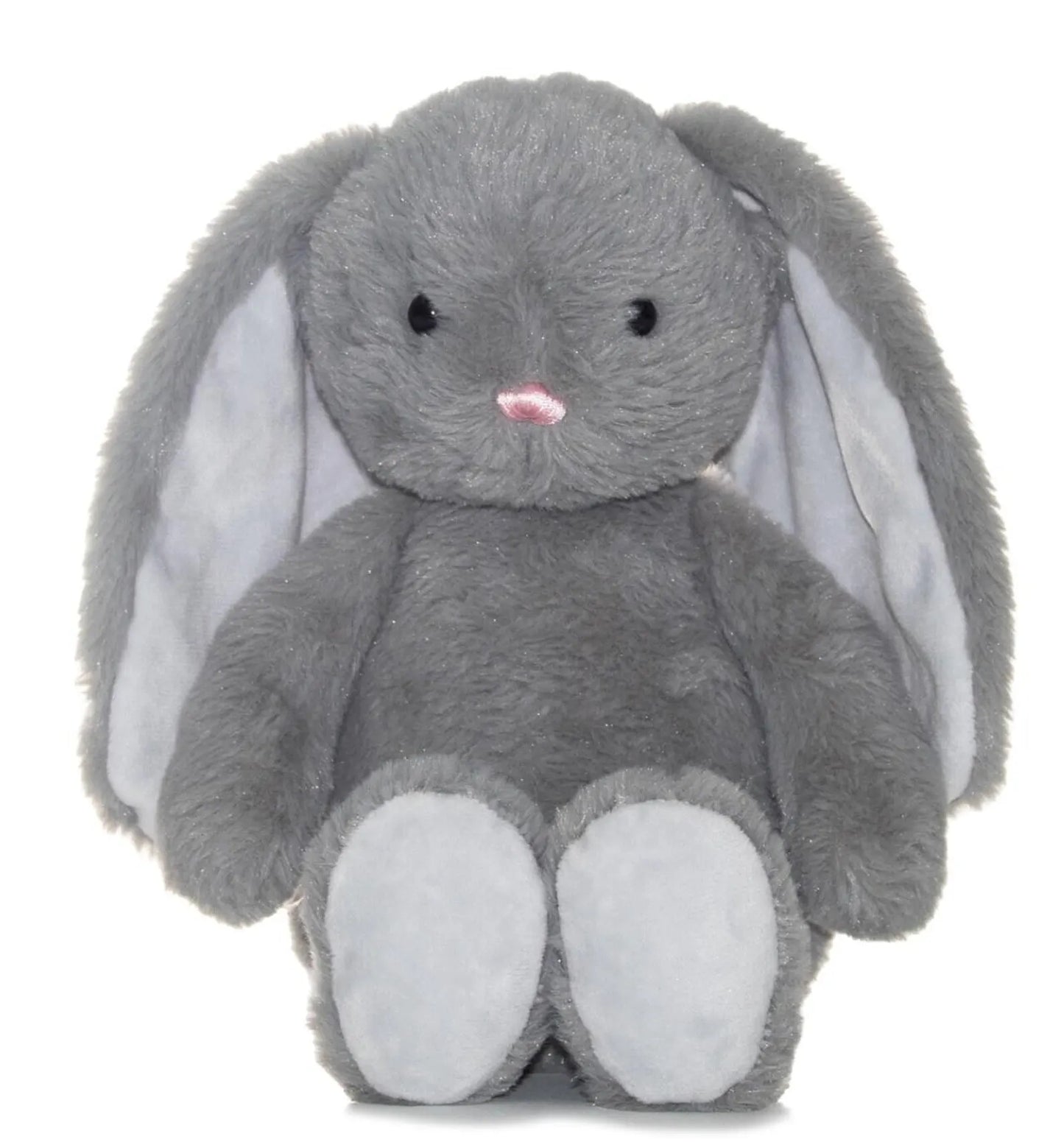 Gray plush bunny toy with white paws on a white background