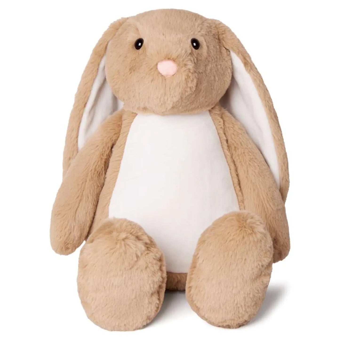 Plush toy rabbit with a white belly on a white background