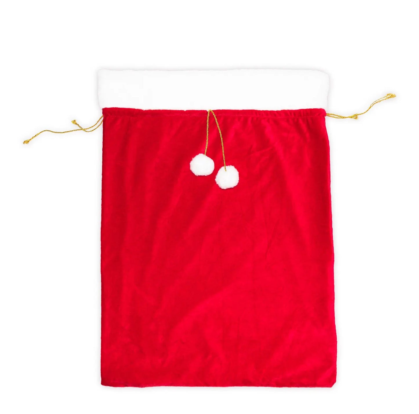 Red drawstring bag with white pom-poms on a white background