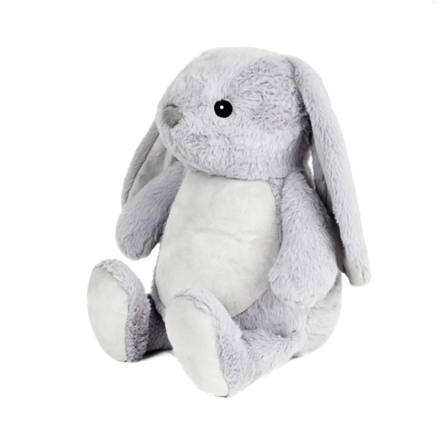 Gray plush bunny toy on a white background