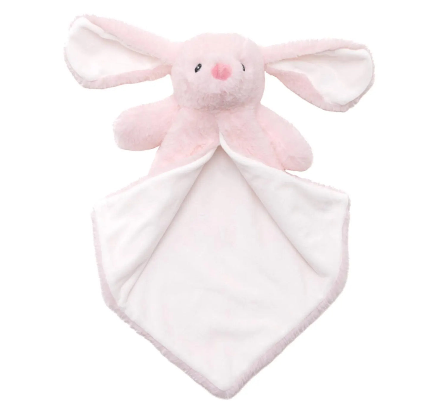 Pink bunny plush toy with a white blanket on a white background