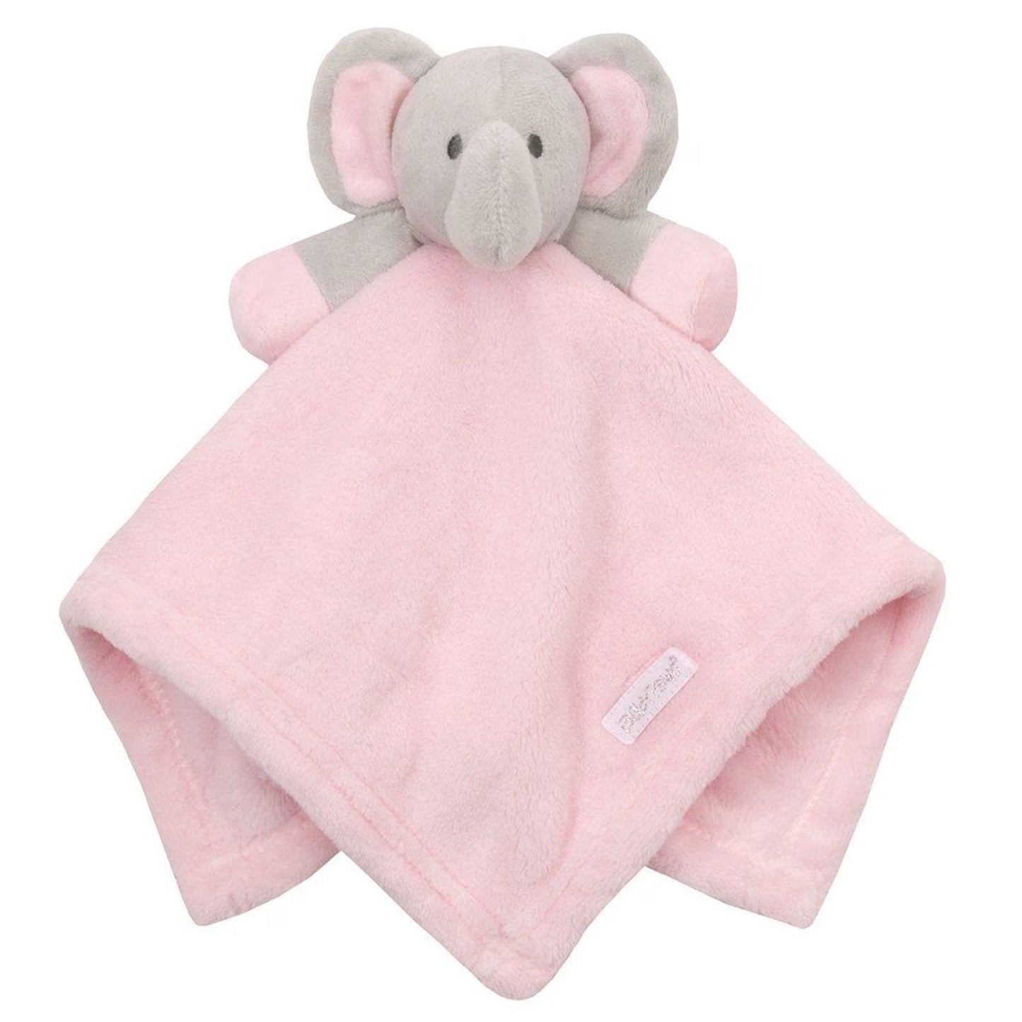 Pink baby blanket with elephant design on a white background
