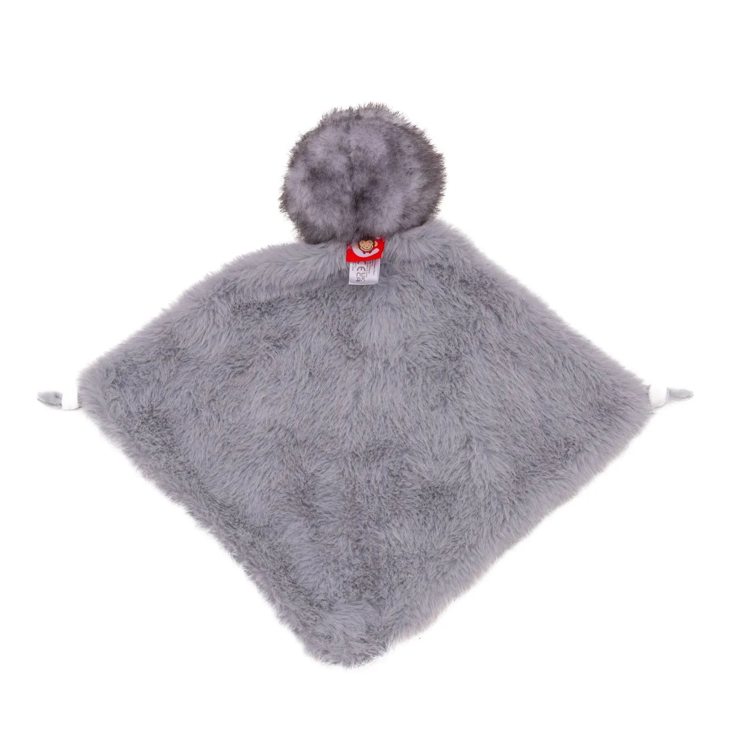 Gray fluffy blanket with a pom-pom on a white background