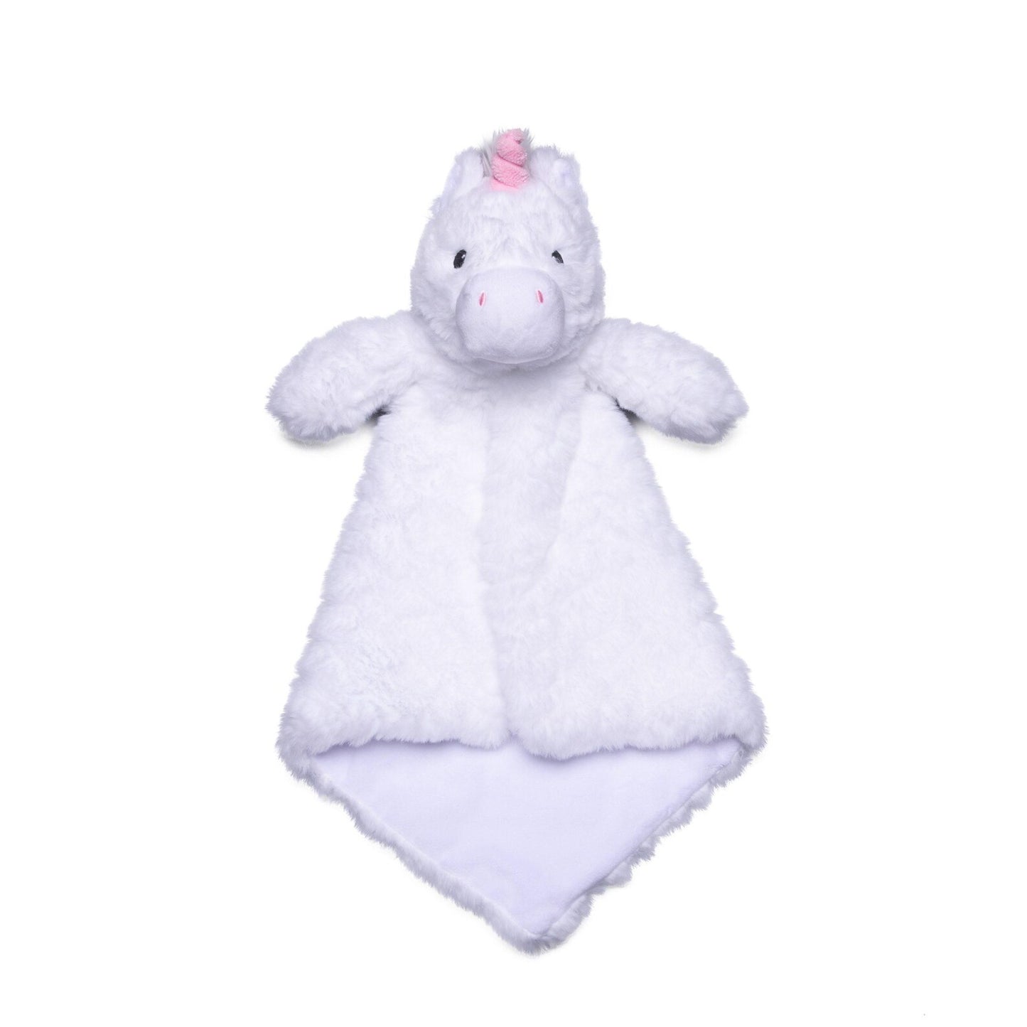 Plush unicorn toy with a white blanket on a white background