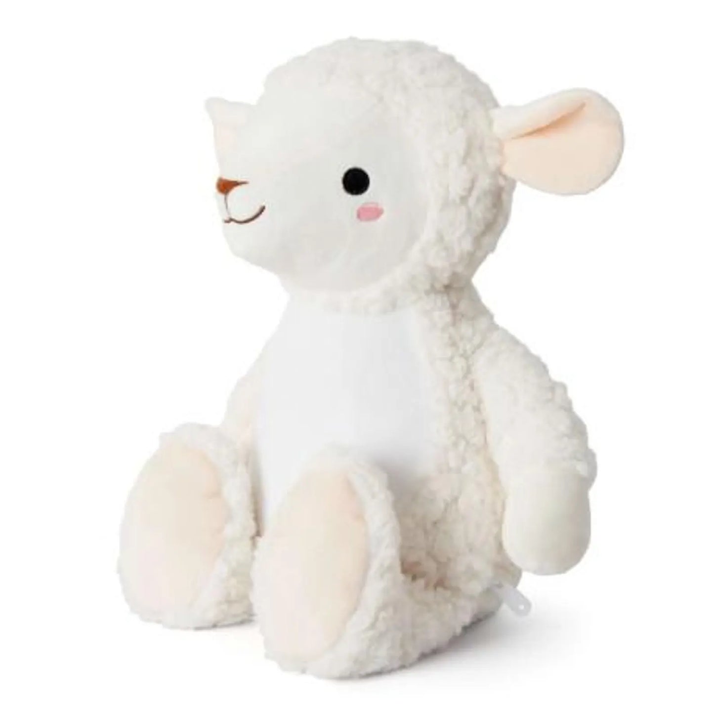 White plush lamb toy with pink accents on a white background