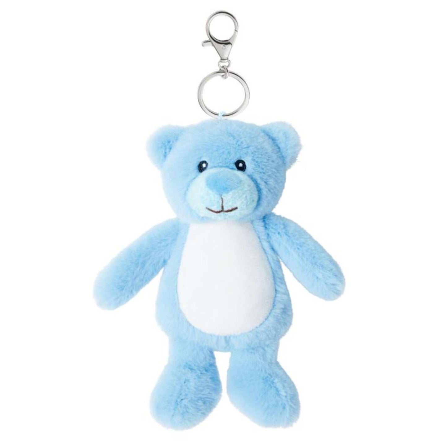 Blue teddy bear keychain on a white background