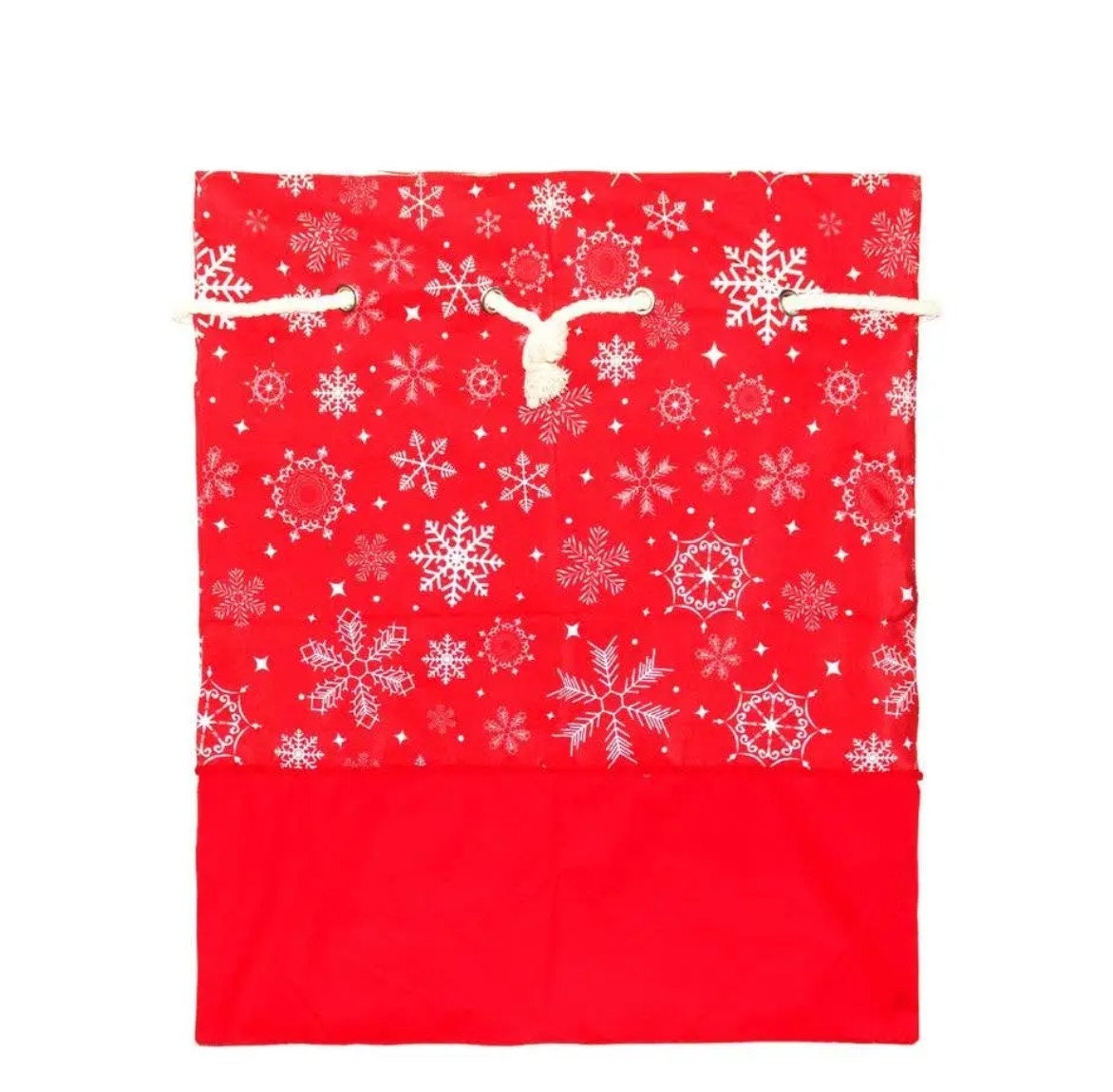 Personalised Red Snowflake Christmas Sack • Embroidered Name • Cosy Winter Fireplace Decor for Christmas Eve, Cubbies