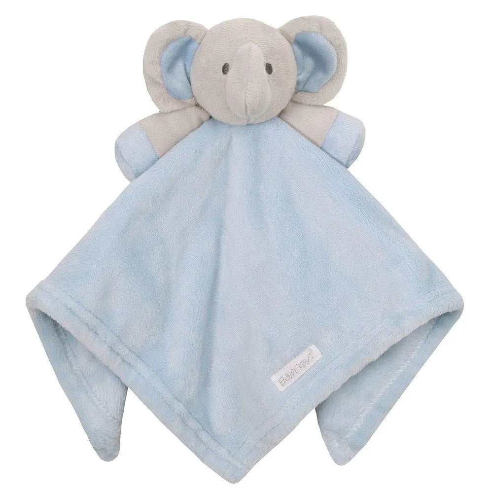 Blue baby comfort blanket with elephant design on a white background