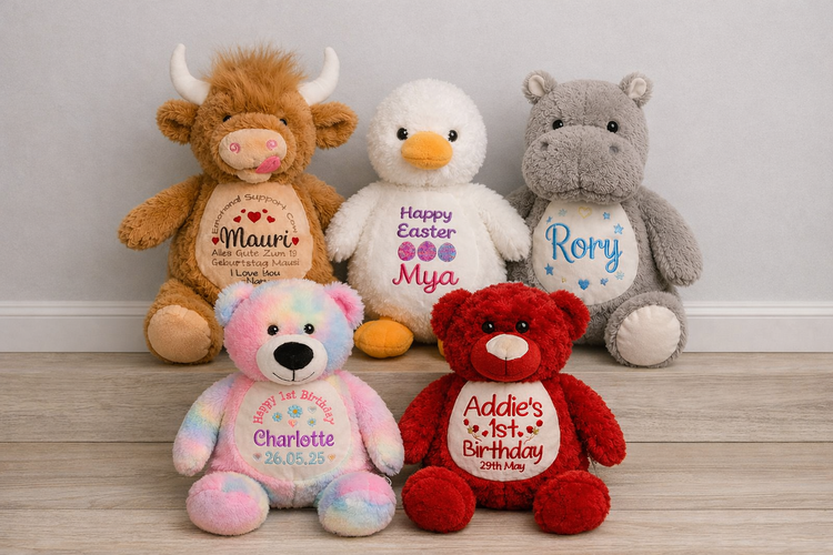 Personalised embroidered teddy bears - custom name soft plush keepsake gifts