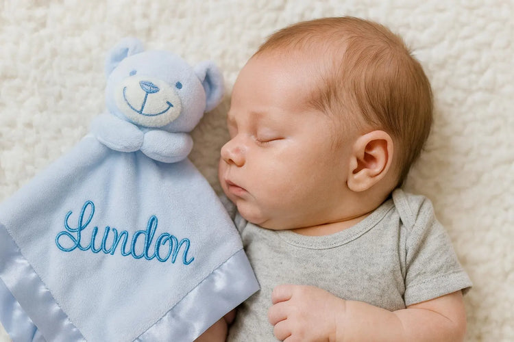 Baby sleeping with a blue teddy bear comforter on a white blanket