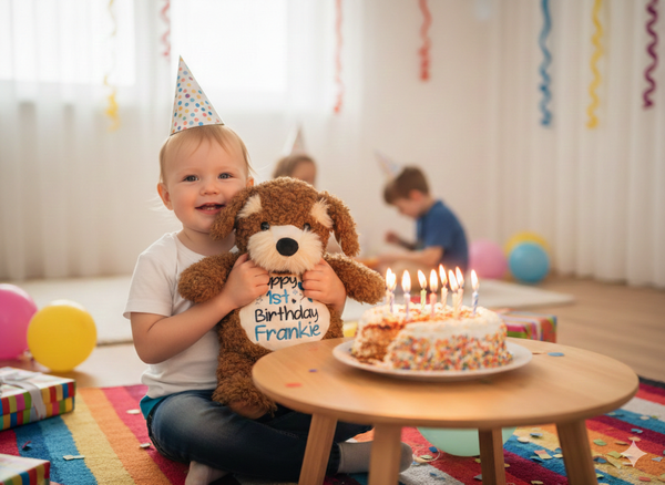 Child celebrating a birthday with a teddy bear and cake in a room decorated for a party.