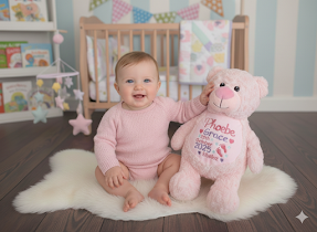 Baby sitting on a rug holding a teddy bear with text in a nursery setting