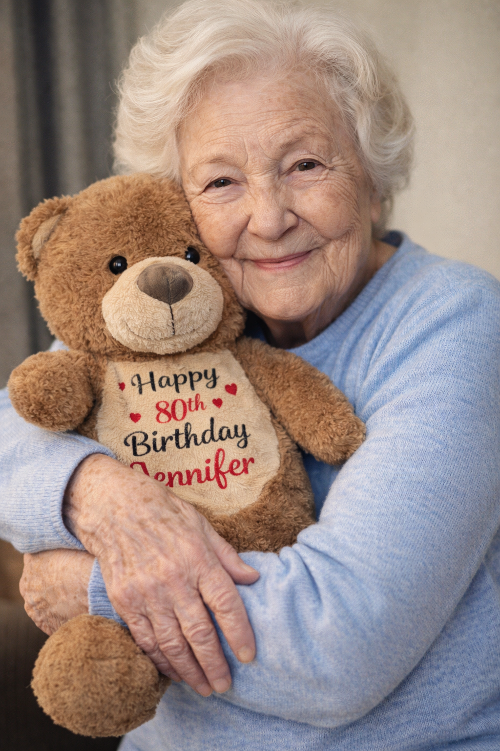 Woman holding a teddy bear with a 'Happy 80th Birthday Jennifer' message.