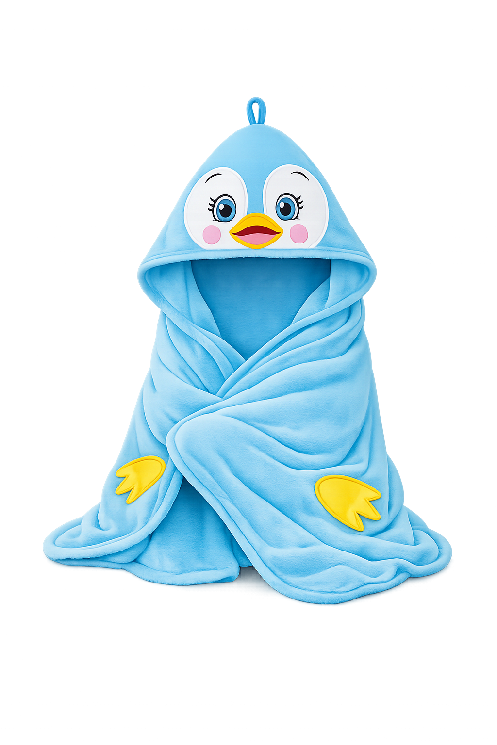 Blue penguin-themed hooded towel on a white background