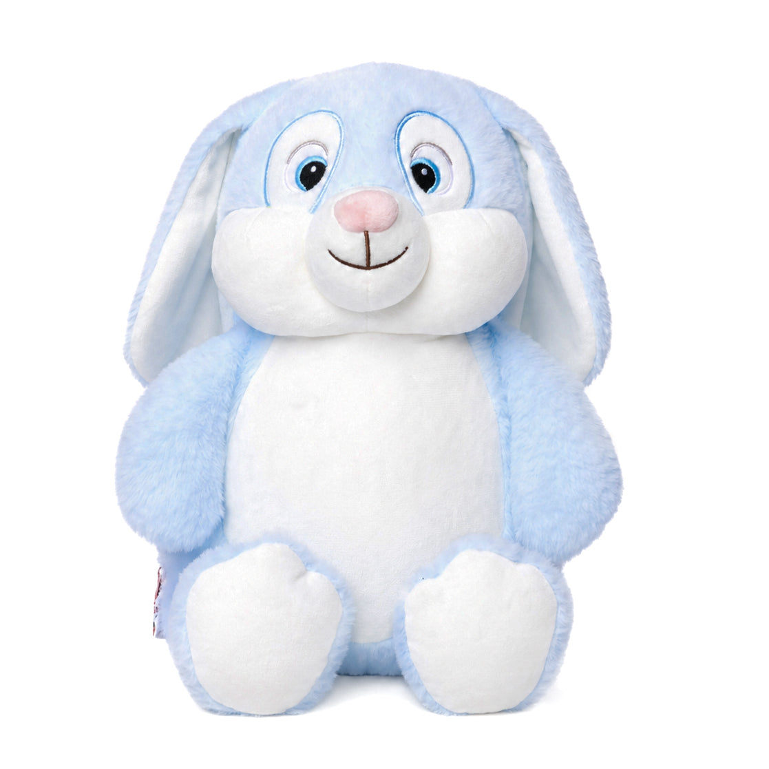 Blue and white plush bunny toy on a white background