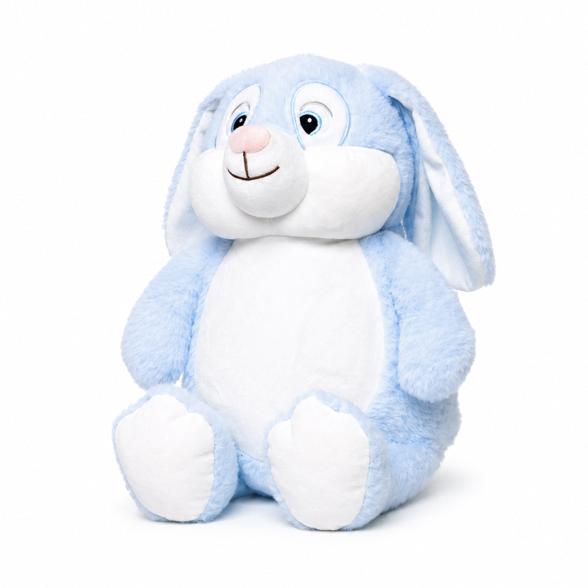 Blue plush bunny toy on a white background