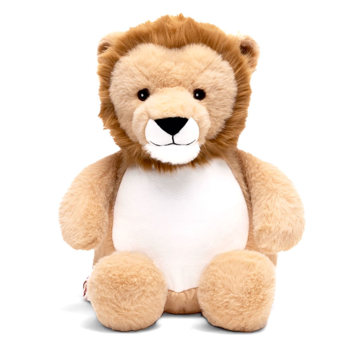 Plush lion toy with a white belly on a white background
