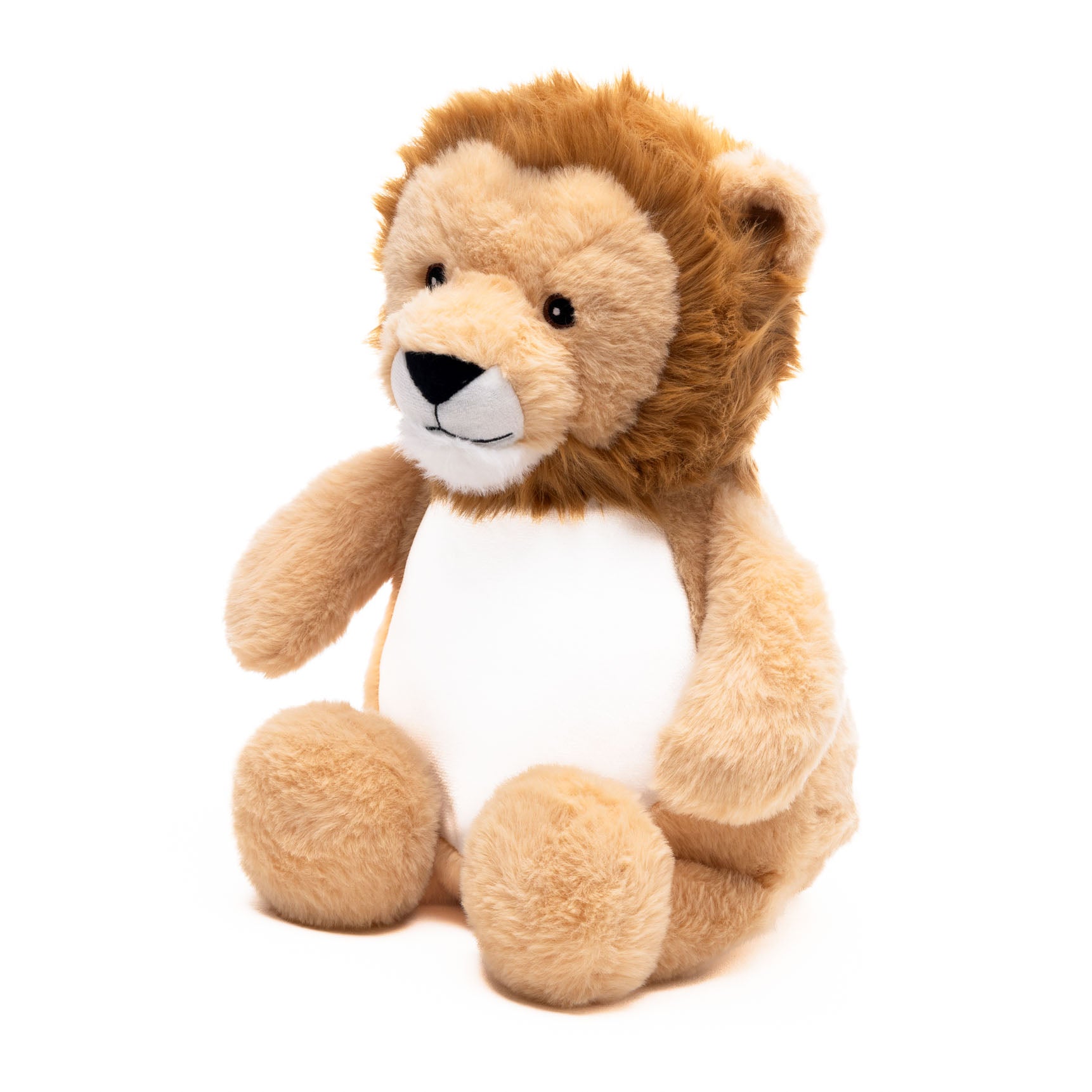 A plush lion toy with a tan and brown furry body, a darker brown mane, and a white belly, sitting against a plain white background.