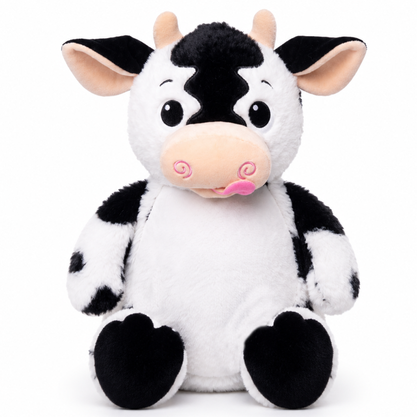 A cute black and white cow plush toy with a pink snout and ears, sitting against a solid white background.