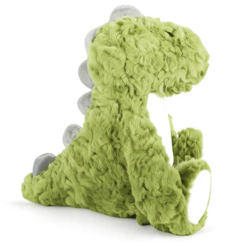Green plush dinosaur toy on a white background
