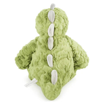 Green plush toy with a textured surface on a white background