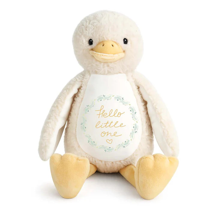Plush duck toy with 'Hello little one' text on a white background