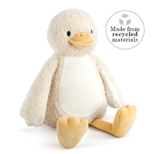 Plush duck toy made from recycled materials on a white background