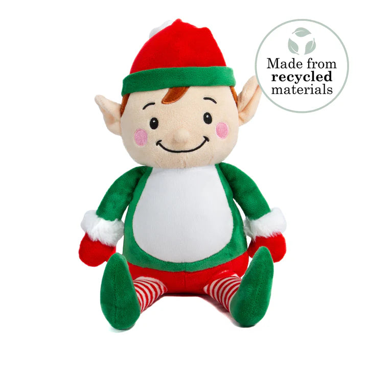 Plush elf toy with red and green colors on a white background, featuring a 'Made from recycled materials' label.