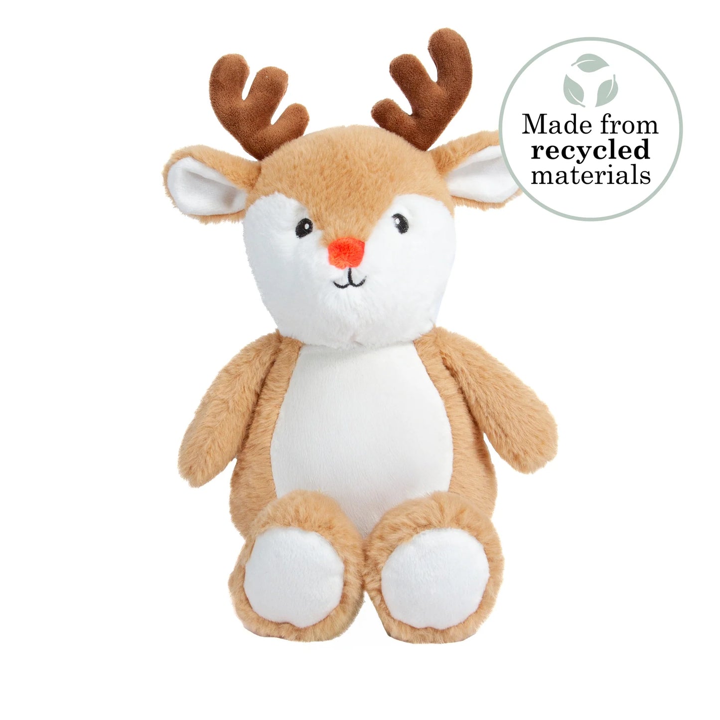 A plush reindeer toy with brown antlers, tan and white fur, and a small orange nose, shown on a white background with a circular 'Made from recycled materials' badge in the top right.
