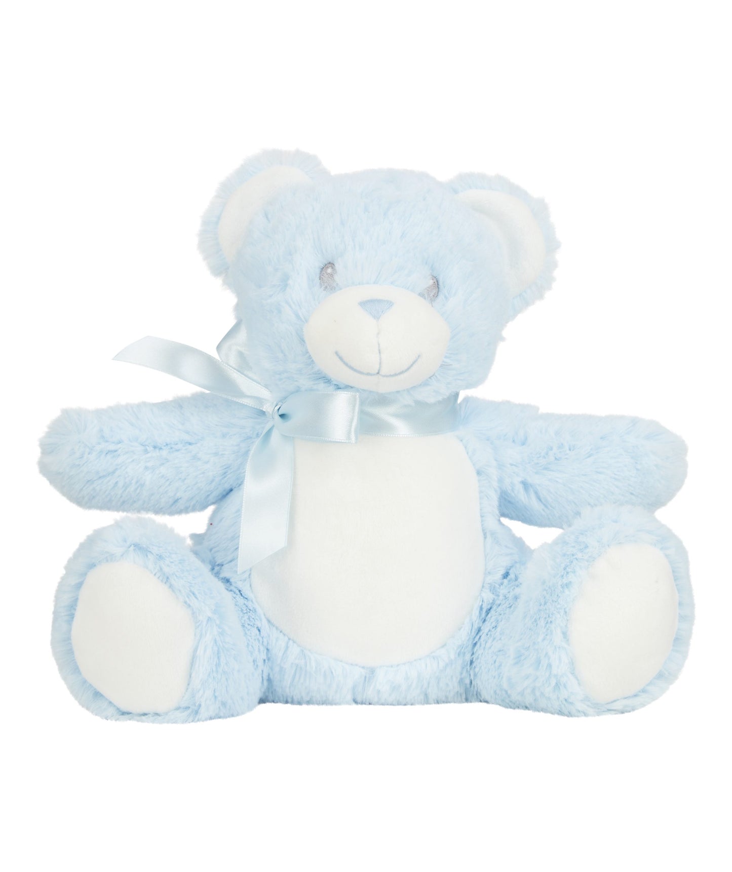 Blue teddy bear with a white bow on a white background